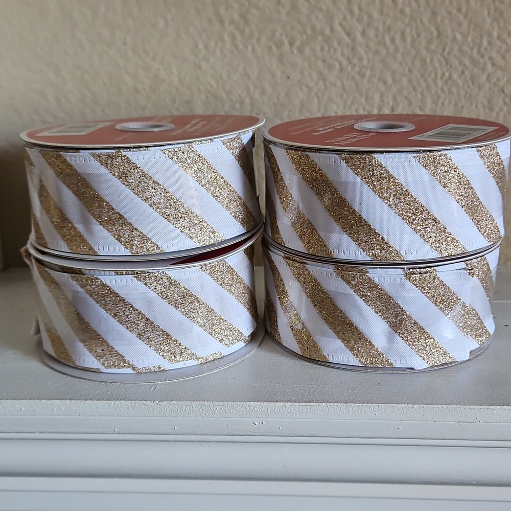 Celebrate it - (4) Rolls of Decorative Gold & White Striped Wired Ribbon